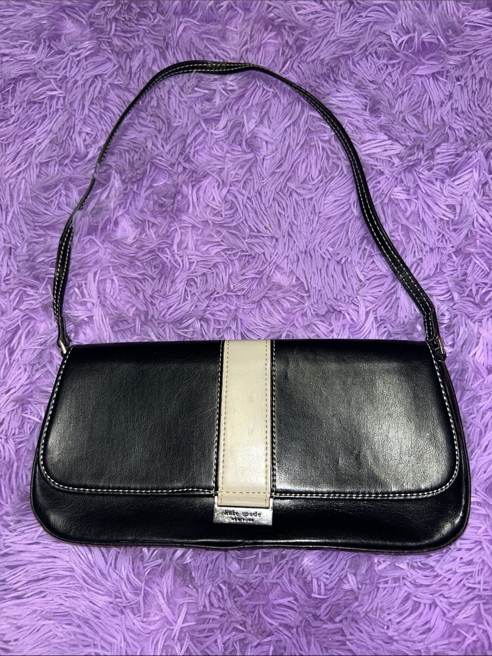 Vintage Kate Spade Black Shoulder Bag with Cream Center Stripe